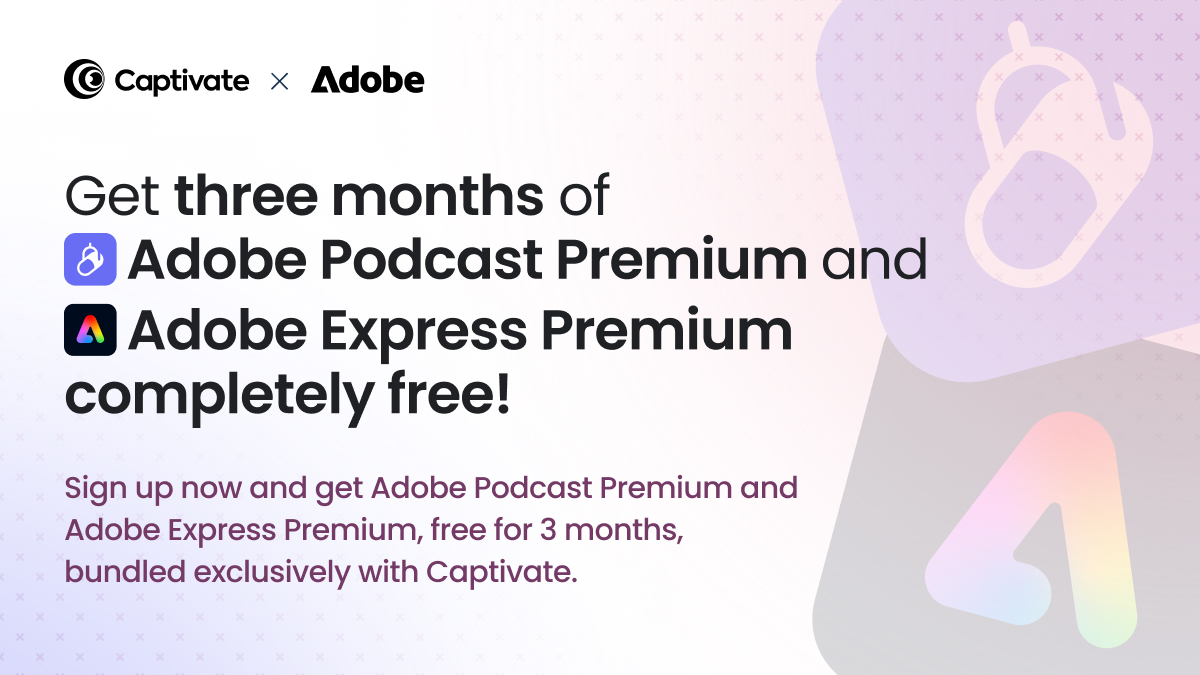 Captivate - Podcast Hosting (@captivateaudio) on Twitter photo We're thrilled to announce we've partnered with Adobe to offer 3 months free of Adobe Podcast Premium and <a href="/AdobeExpress/">Adobe Express</a> to all Captivate users!
Head over to Growth Labs to claim your free membership now!
my.captivate.fm/dashboard/grow… We're thrilled to announce we've partnered with Adobe to offer 3 months free of Adobe Podcast Premium and <a href="/AdobeExpress/">Adobe Express</a> to all Captivate users!
Head over to Growth Labs to claim your free membership now!
my.captivate.fm/dashboard/grow…