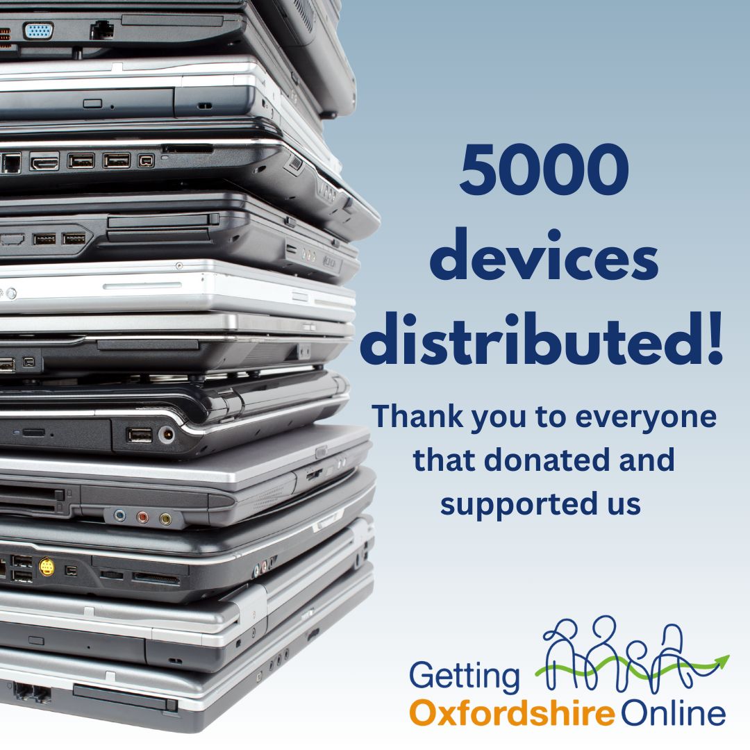 We have distributed more than 5000 laptops, tablets and phones since we started in 2021!  Well done and thank you to the staff and volunteers that have helped this happen, as well as everybody that has donated devices or funds. 

#digitalinclusion
<a href="/aspireoxonline/">Aspire Oxford</a>
@SHAREoxford_lot