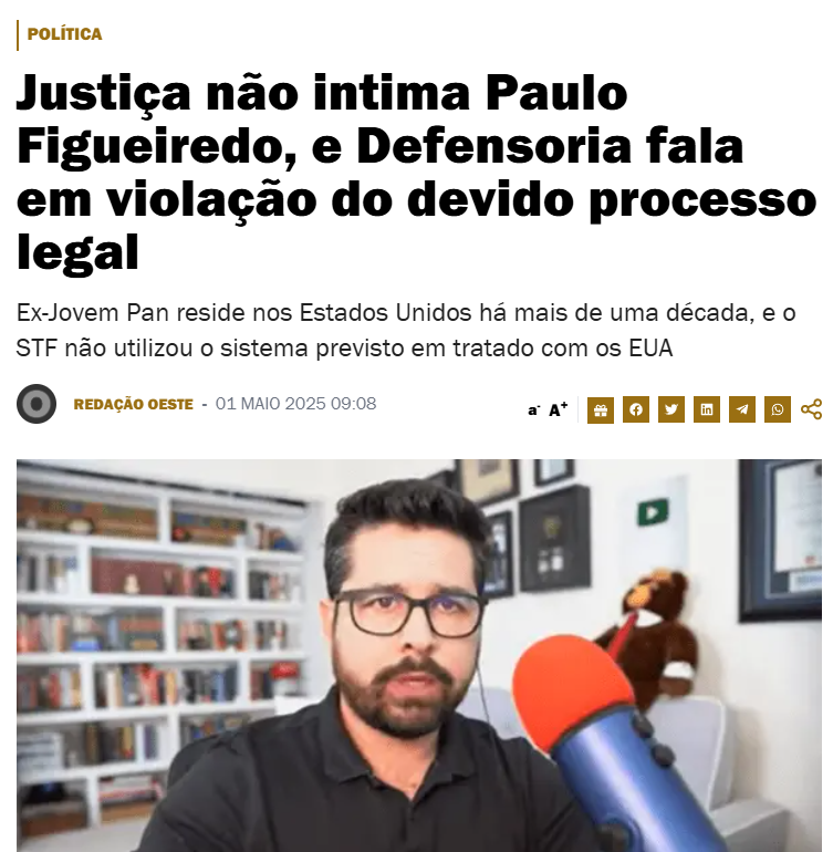 A acusação contra Paulo Figueiredo é absurda.

Ele tinha acesso a fontes militares e simplesmente divulgou as informações que obteve — atividade inerente ao trabalho de qualquer jornalista. Ainda assim, foi denunciado por organização criminosa armada, tentativa de abolição