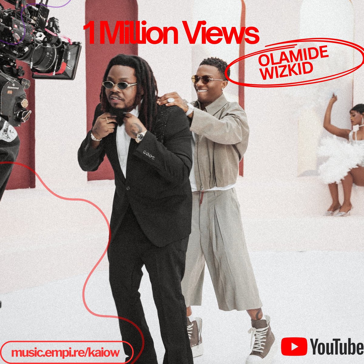 .<a href="/Olamide/">Olamidé</a> &amp; <a href="/wizkidayo/">Wizkid</a>’s #Kai! has surpassed 1M+ views on YouTube! 🔥🎥

Keep streaming; and pre-save the album. 
🔗 — music.empi.re/kaiow
🔗 — music.empi.re/olamide