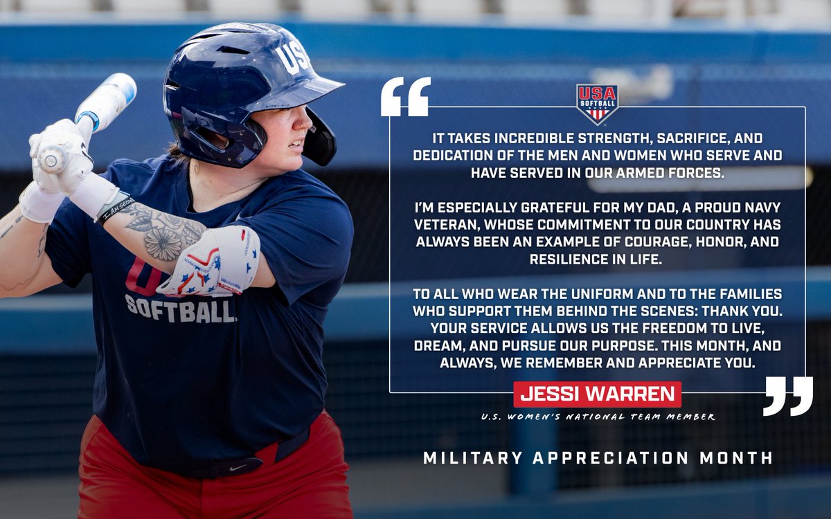 USA Softball (@usasoftball) on Twitter photo ๐บ๐ธ โYour service allows us the freedom to live, dream, and pursue our purpose.โ โ <a href="/jessicawarren30/">Jessi Warren</a>
This #MilitaryAppreciationMonth, we salute those in uniform and the families who stand beside them.
๐๐ก๐๐ง๐ค ๐ฒ๐จ๐ฎ for your strength, sacrifice, and dedication. ๐บ๐ธ โYour service allows us the freedom to live, dream, and pursue our purpose.โ โ <a href="/jessicawarren30/">Jessi Warren</a>
This #MilitaryAppreciationMonth, we salute those in uniform and the families who stand beside them.
๐๐ก๐๐ง๐ค ๐ฒ๐จ๐ฎ for your strength, sacrifice, and dedication.