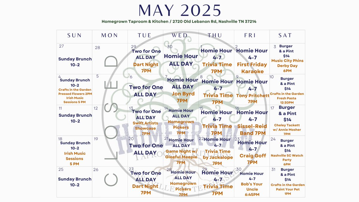 May is here Homies and we have SO many great events, live music, games &amp; community lined up for you this month! And of course pints and pints of awesome beer, canned cocktails, wine and delicious Homegrown food! Come say hello. 🍻