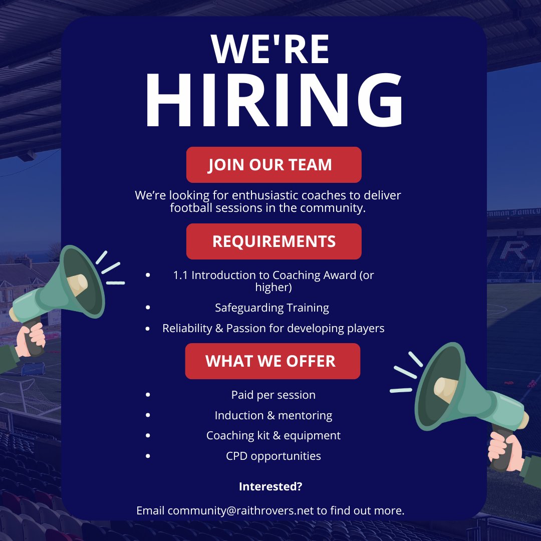 📷 WE’RE HIRING! 📷

Are you passionate about football and want to make a difference in the community? We’re on the lookout for enthusiastic coaches to join our team at Raith Rovers Community Foundation! 📷

📷 Coaching Award (1.1 or higher)
📷 Safeguarding Training
📷 Reliable &amp;