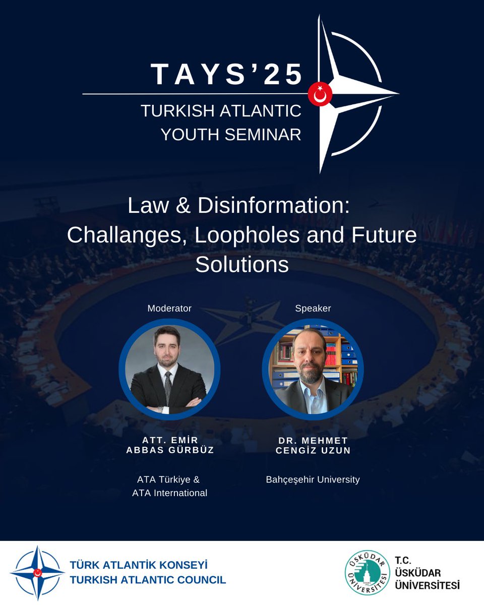 Turkish Atlantic Youth Seminar, YATA Türkiye ve Üsküdar Üniversitesi işbirliğiyle 3 Mayıs 2025'te İstanbul'da!

Dezenformasyonun günümüz dünyasında yarattığı karmaşık gerçeklik bu etkinlikte detaylıca ele alınacak.

Programın öne çıkan başlıkları:

Dezenformasyonun El Kitabı: