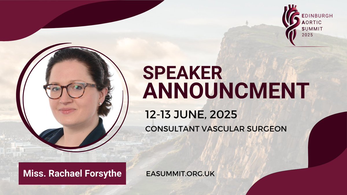 Edinburgh Aortic Summit (@ediaorticsummit) on Twitter photo Speaker highlight at #EASummit2025!
We are pleased to be welcoming Miss. Rachael Forsythe, <a href="/ROForsythe/">Rachael Forsythe</a>, to the inaugural summit!
Miss Rachael Forsythe, MBChB, PhD, FRCS (Vasc), is a Consultant Vascular Surgeon in the Edinburgh Vascular Unit, with a broad clinical practice and Speaker highlight at #EASummit2025!
We are pleased to be welcoming Miss. Rachael Forsythe, <a href="/ROForsythe/">Rachael Forsythe</a>, to the inaugural summit!
Miss Rachael Forsythe, MBChB, PhD, FRCS (Vasc), is a Consultant Vascular Surgeon in the Edinburgh Vascular Unit, with a broad clinical practice and