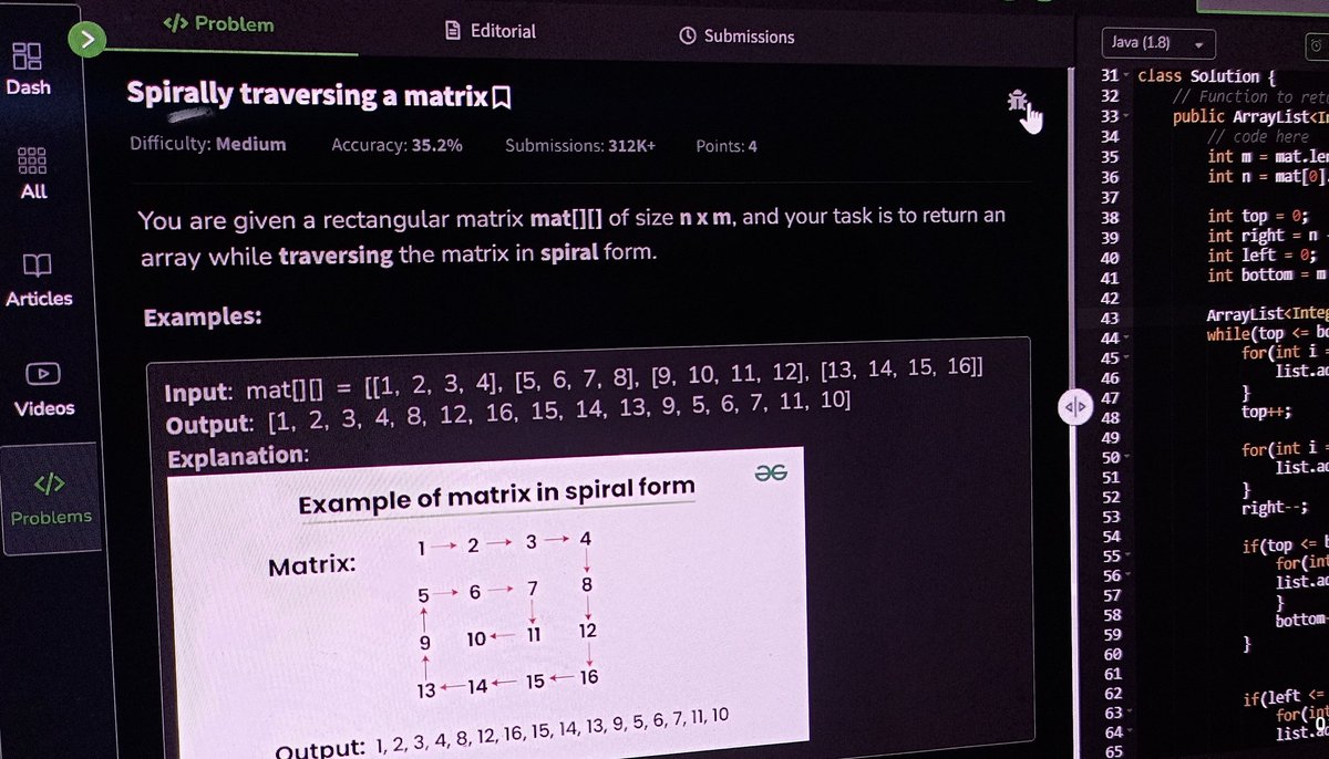 harshit_rwt's tweet image. Day-37 of problem solving with @geeksforgeeks , ok, so we are not strangers, I have encountered this problem multiple times before 😁 "spiral matrix traversal" , umm 7/10 would be fine.
See you on day-38 ✨✨
#geekstreak2025 #gfg160 #GeekforGeeks