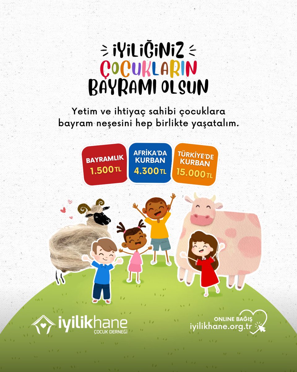 Kurban Bayramı’nda vacip ve sadaka kurbanlarınızı Türkiye ve Afrika'da ihtiyaç sahiplerine ulaştırıyoruz. 
Bağışlarınızla daha çok çocuğa bayram sevincini yaşatabiliriz. Haydi, iyiliğiniz çocukların bayramı olsun! 🐮

Online bağış: bagis.iyilikhane.org.tr/bagis#kurban