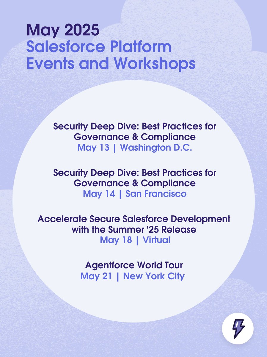 SalesforceforIT's tweet image. Get hands-on with the latest data security, Agentforce, and app dev innovations this May.

🏛️ Washington D.C. Security Deep Dive: sforce.co/4cKD9CG
🌁 San Francisco Security Deep Dive: sforce.co/3GnOEE4
📺 Summer &apos;25 #SalesforceRelease Webinar: sforce.co/4jqcQE8…