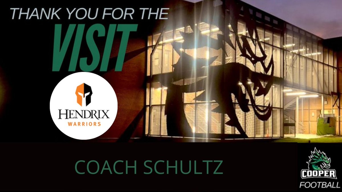 John Cooper Dragon Football (@jcs_football) on Twitter photo Huge thank you <a href="/CoachSchultz_DC/">Coach Schultz</a> for visiting The John Cooper School and taking the time to check out our athletes! We appreciate you coming out! <a href="/HendrixFootball/">#WeAreWarriors</a> Huge thank you <a href="/CoachSchultz_DC/">Coach Schultz</a> for visiting The John Cooper School and taking the time to check out our athletes! We appreciate you coming out! <a href="/HendrixFootball/">#WeAreWarriors</a>