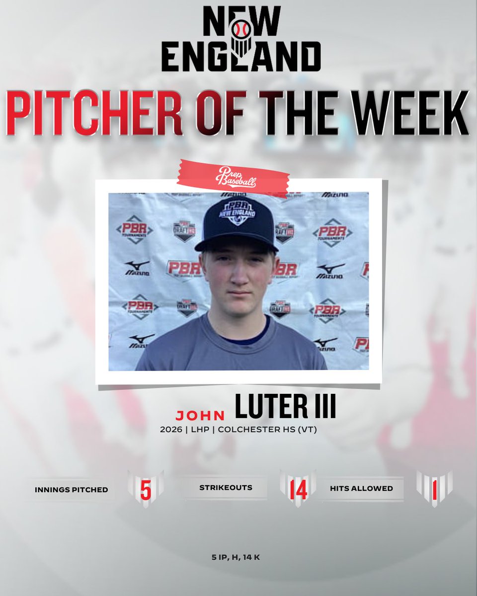 Prep Baseball New England (@pbnewengland) on Twitter photo 𝐕𝐓 𝐏𝐈𝐓𝐂𝐇𝐄𝐑 𝐎𝐅 𝐓𝐇𝐄 𝐖𝐄𝐄𝐊 👉 𝟰/𝟮𝟬 - 𝟰/𝟮𝟲
👤 '26 John Luter III (Colchester HS, VT) earned the VT Pitcher of the Week! The LHP pitched 5 innings; striking out 14 and only allowing one hit.
🔗 loom.ly/UqWwmqU | <a href="/JohnnyLuter3/">John Luter</a> | <a href="/PB_Uncommitted/">Prep Baseball Uncommitted</a> 𝐕𝐓 𝐏𝐈𝐓𝐂𝐇𝐄𝐑 𝐎𝐅 𝐓𝐇𝐄 𝐖𝐄𝐄𝐊 👉 𝟰/𝟮𝟬 - 𝟰/𝟮𝟲
👤 '26 John Luter III (Colchester HS, VT) earned the VT Pitcher of the Week! The LHP pitched 5 innings; striking out 14 and only allowing one hit.
🔗 loom.ly/UqWwmqU | <a href="/JohnnyLuter3/">John Luter</a> | <a href="/PB_Uncommitted/">Prep Baseball Uncommitted</a>