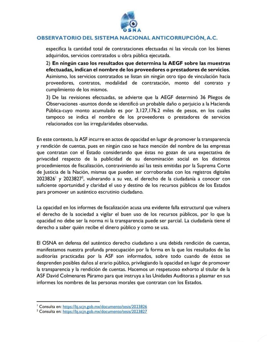 OBSERVATORIO DEL SNA (@cpcsna) on Twitter photo 1. El “Observatorio del Sistema Nacional Anticorrupción, S.C.”, invita a la sociedad civil a leer y compartir nuestro posicionamiento en relación a la insuficiente transparencia en los informes de resultados que emite la Auditoría Superior de la Federación <a href="/ASF_Mexico/">Auditoría Superior</a> 1. El “Observatorio del Sistema Nacional Anticorrupción, S.C.”, invita a la sociedad civil a leer y compartir nuestro posicionamiento en relación a la insuficiente transparencia en los informes de resultados que emite la Auditoría Superior de la Federación <a href="/ASF_Mexico/">Auditoría Superior</a>