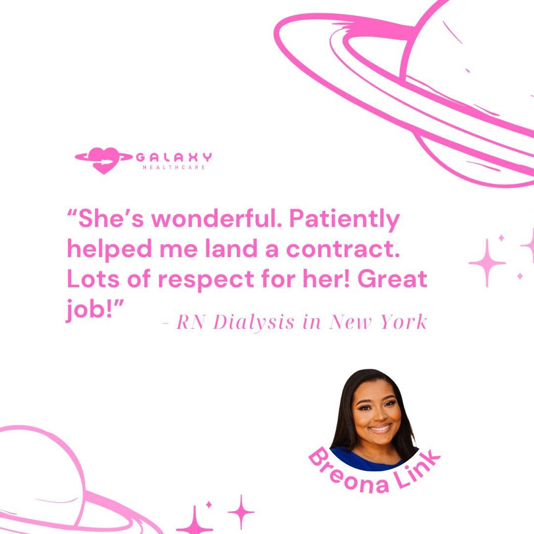 Galaxy_HCS's tweet photo. “She’s wonderful. Patiently helped me land a contract. Lots of respect for her! Great job!”
- RN Dialysis in New York, Galaxy Healthcare 💕

Thank you, Breona, for your dedication and hustle. You are changing lives on mission at a time! 🚀 https://t.co/XQSSFESNMX