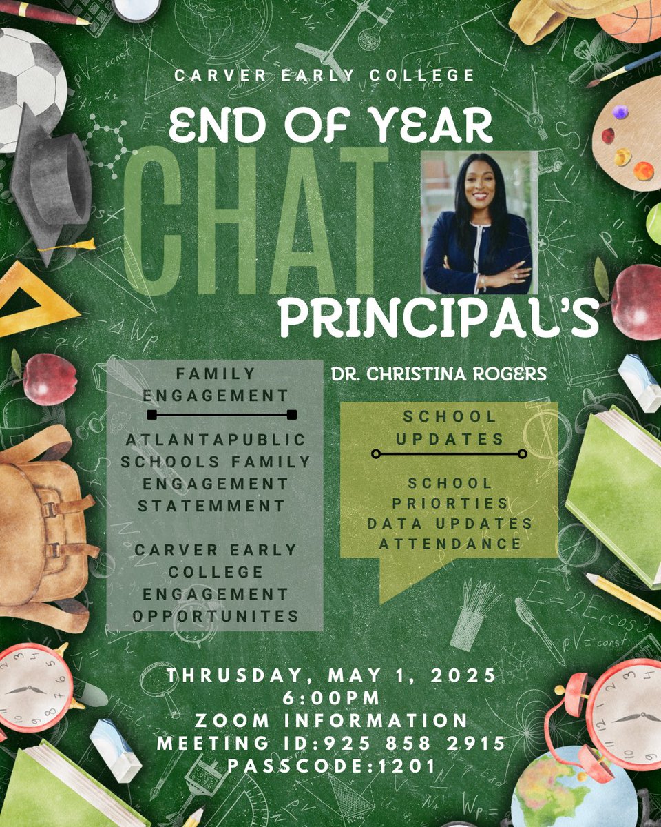 Carver Early College (@apscarverec) on Twitter photo Please join <a href="/PrincipalRogers/">Christina Rogers, Ed.D</a> for #carverearlycollege End of Year Principal’s Chat! <a href="/apsupdate/">ATL Public Schools</a> Please join <a href="/PrincipalRogers/">Christina Rogers, Ed.D</a> for #carverearlycollege End of Year Principal’s Chat! <a href="/apsupdate/">ATL Public Schools</a>