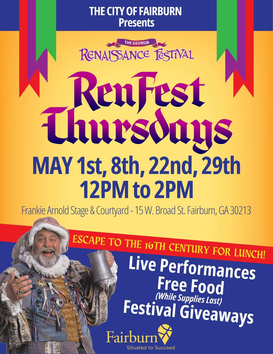 Hear ye, hear ye Fairburn citizens! 📯 Make sure you come on out to Ren Thursday ⚔️️ There will be live performances &amp; interactive acts and FREE food while supplies last 🏰.  

We look forward to seeing you!

#OneFairburn #FairburnGA #GeorgiaCitiesWeek #RenaissanceFestival