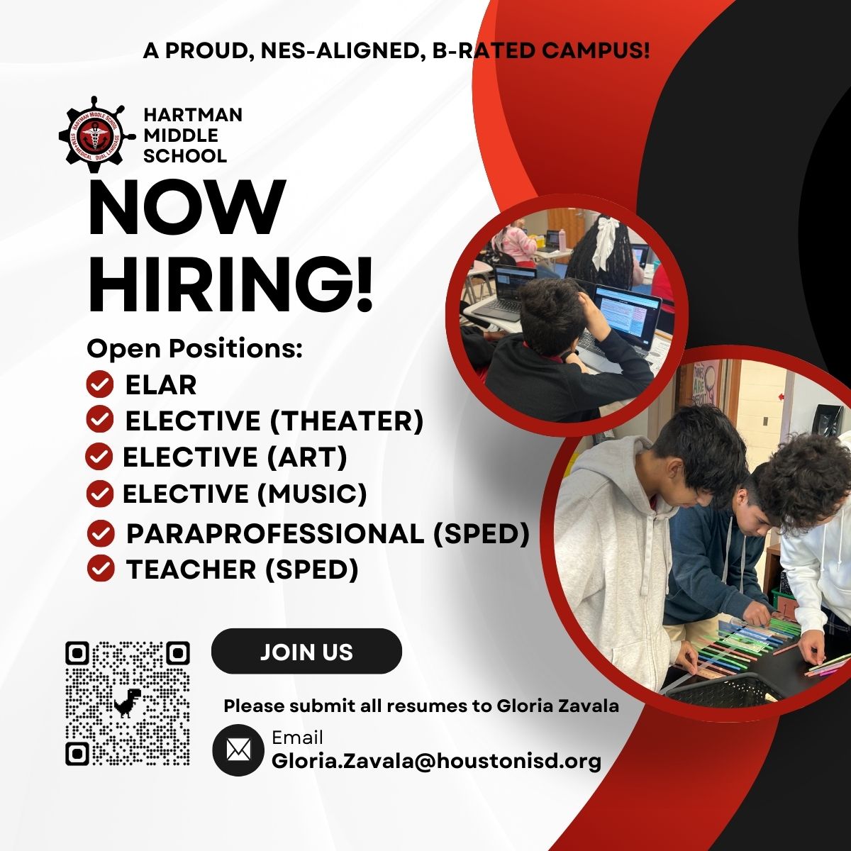 hartman_ms's tweet image. 📢 We&apos;re Hiring at Hartman Middle School!
Join our NES-aligned, B-rated campus and help shape the future! 

💼 Submit your resume to Gloria.Zavala@houstonisd.org
📍 Click the link/scan the QR code to apply today!
#NowHiring #HoustonISD  #JoinOurTeam