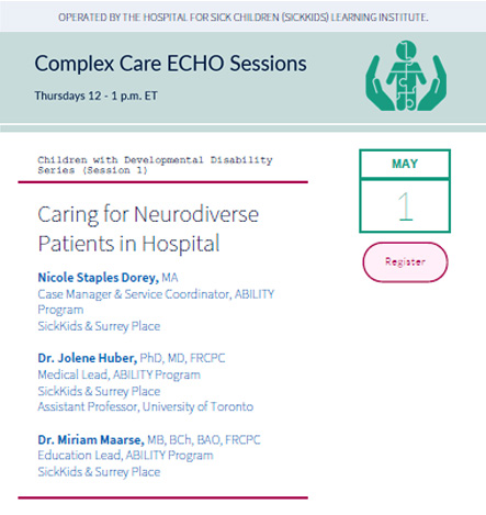 Paediatric Project ECHO (@echopaeds) on Twitter photo Join the launch of our Children with Developmental Disability Series for Peds Complex Care.
✨Learn about caring for neurodiverse patients in hospital with experts from the ABILITY Program <a href="/SickKidsNews/">The Hospital for Sick Children (SickKids)</a>.
🗓️May 1 🕛12-1pm
REGISTER #CMEcredits⤵️
echo.zoom.us/meeting/regist… Join the launch of our Children with Developmental Disability Series for Peds Complex Care.
✨Learn about caring for neurodiverse patients in hospital with experts from the ABILITY Program <a href="/SickKidsNews/">The Hospital for Sick Children (SickKids)</a>.
🗓️May 1 🕛12-1pm
REGISTER #CMEcredits⤵️
echo.zoom.us/meeting/regist…