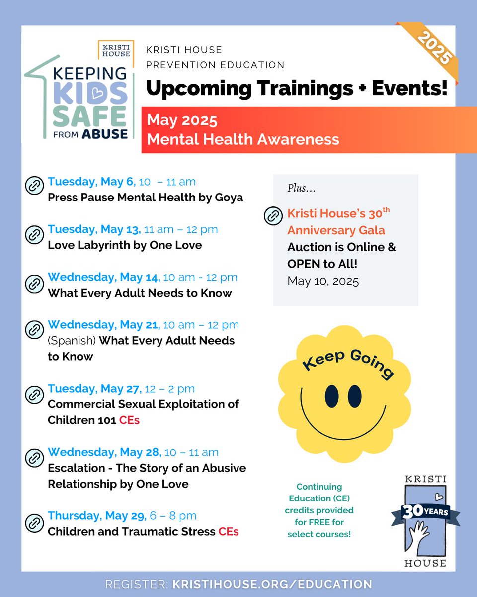 May is here with a full schedule of trainings! Register now and share to keep kids safe from abuse. kristihouse.org/education