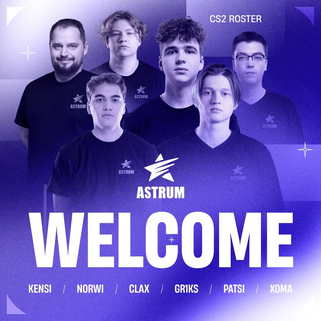 Welcome the new team - Astrum, the team that used to represent Aurora: 🇷🇺  KENSi 🇷🇺 Norwi 🇧🇾 gr1ks 🇷🇺 Patsi 🇷🇺 clax Coach: Xoma., image size:1080x1080