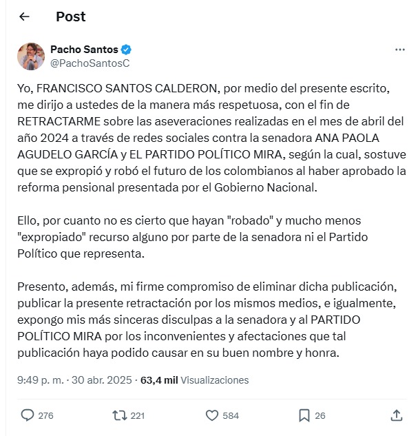 Partido MIRA (@partidomira) on Twitter photo Dr Francisco Santos <a href="/PachoSantosC/">Pacho Santos</a> agradecemos su retractación respecto a las afirmaciones alejadas de la verdad realizadas en abril de 2024, las cuales usted mismo ha reconocido como no ciertas. Valoramos que la justicia ofrezca herramientas para la conciliación, y en ese Dr Francisco Santos <a href="/PachoSantosC/">Pacho Santos</a> agradecemos su retractación respecto a las afirmaciones alejadas de la verdad realizadas en abril de 2024, las cuales usted mismo ha reconocido como no ciertas. Valoramos que la justicia ofrezca herramientas para la conciliación, y en ese