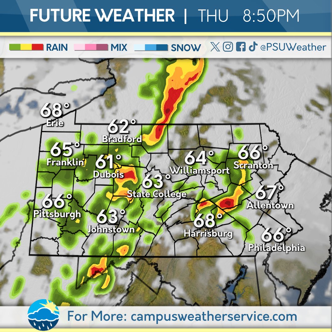 Another evening slated for thunderstorm activity! Be weather aware today as more storms will move across the state. The wet weather doesn't stop there, as our active pattern will continue into the weekend! #pawx