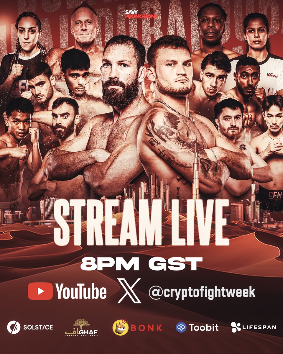 Crypto Fight Week (@cryptofightweek) on Twitter photo โณ๏ธIT'S ALMOST SHOWTIMEโณ๏ธ
TUNE IN AT 8PM STREAMING LIVE ON X & YT ๐ฅ
#CFN |๐TROY Dubai | May 1st | ๐๏ธ link in bio
.
.
.
(๐๐ฉ๐ช๐ด ๐ฆ๐ท๐ฆ๐ฏ๐ต ๐ฅ๐ฐ๐ฆ๐ด ๐ฏ๐ฐ๐ต ๐ฆ๐ฏ๐ฅ๐ฐ๐ณ๐ด๐ฆ ๐ฐ๐ณ
๐ฑ๐ณ๐ฐ๐ฎ๐ฐ๐ต๐ฆ ๐ต๐ฉ๐ฆ ๐ฑ๐ถ๐ณ๐ค๐ฉ๐ข๐ด๐ฆ, ๐ด๐ข๐ญ๐ฆ, ๐ฐ๐ณ ๐ช๐ฏ๐ท๐ฆ๐ด๐ต๐ฎ๐ฆ๐ฏ๐ต ๐ช๐ฏ ๐ท๐ช๐ณ๐ต๐ถ๐ข๐ญ โณ๏ธIT'S ALMOST SHOWTIMEโณ๏ธ
TUNE IN AT 8PM STREAMING LIVE ON X & YT ๐ฅ
#CFN |๐TROY Dubai | May 1st | ๐๏ธ link in bio
.
.
.
(๐๐ฉ๐ช๐ด ๐ฆ๐ท๐ฆ๐ฏ๐ต ๐ฅ๐ฐ๐ฆ๐ด ๐ฏ๐ฐ๐ต ๐ฆ๐ฏ๐ฅ๐ฐ๐ณ๐ด๐ฆ ๐ฐ๐ณ
๐ฑ๐ณ๐ฐ๐ฎ๐ฐ๐ต๐ฆ ๐ต๐ฉ๐ฆ ๐ฑ๐ถ๐ณ๐ค๐ฉ๐ข๐ด๐ฆ, ๐ด๐ข๐ญ๐ฆ, ๐ฐ๐ณ ๐ช๐ฏ๐ท๐ฆ๐ด๐ต๐ฎ๐ฆ๐ฏ๐ต ๐ช๐ฏ ๐ท๐ช๐ณ๐ต๐ถ๐ข๐ญ