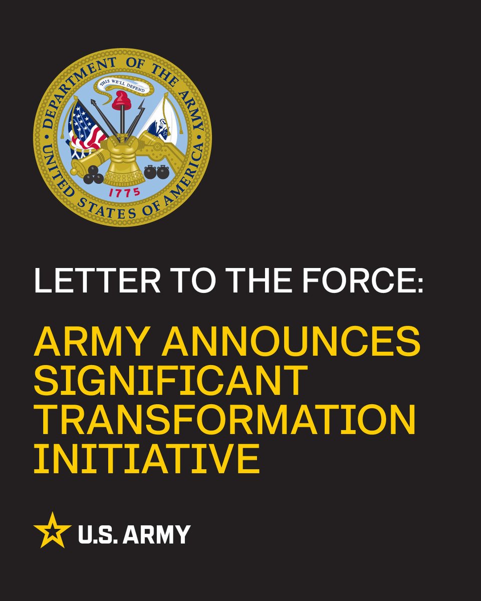 U.S. Army (@usarmy) on Twitter photo Battlefields are changing rapidly with technology advances. To maintain our edge, we’re transforming into a leaner, more lethal force by changing how we fight, change, organize, and buy equipment.
Read the <a href="/SecArmy/">Secretary of the Army</a> and the Chief of Staff's Letter to the Force here: Battlefields are changing rapidly with technology advances. To maintain our edge, we’re transforming into a leaner, more lethal force by changing how we fight, change, organize, and buy equipment.
Read the <a href="/SecArmy/">Secretary of the Army</a> and the Chief of Staff's Letter to the Force here: