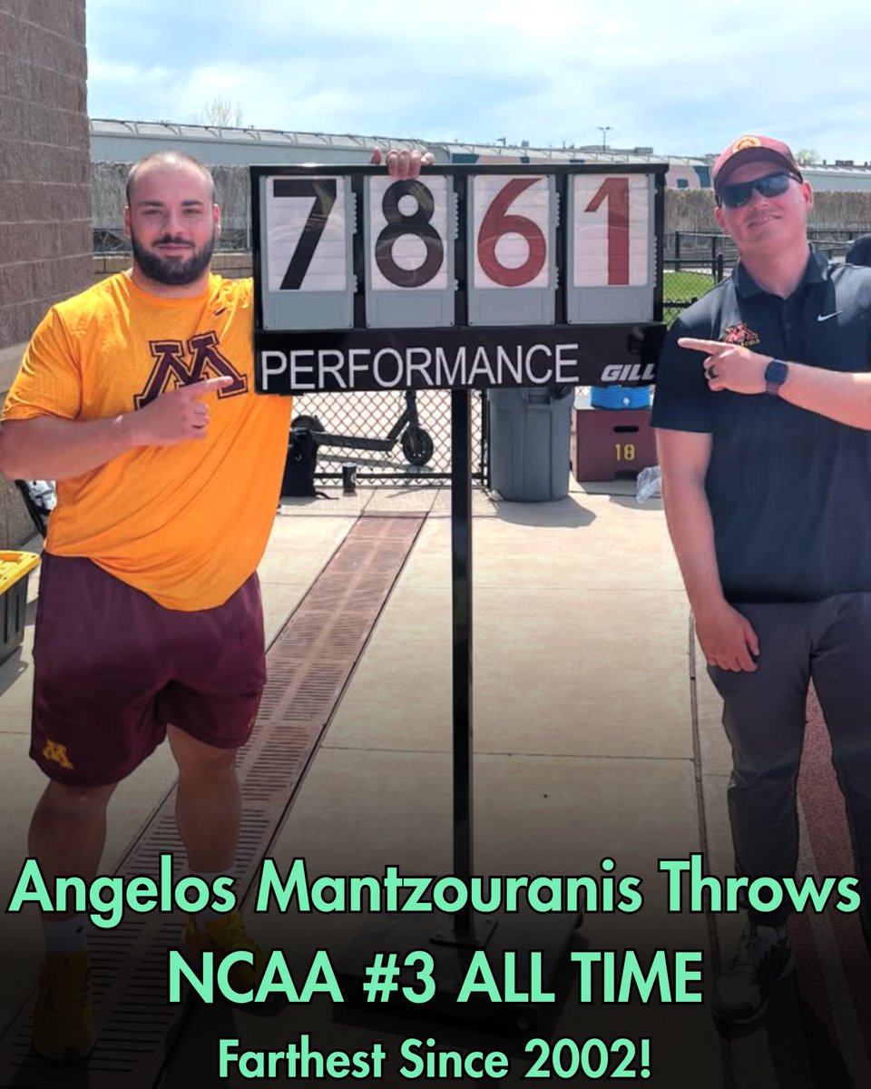 🚨Angelos hits 78.61m to move NCAA #3 All-time 🔨

Crazy part? He just turned 21 today🎂

Teammate Kostas Zaltos also goes big with 77.59m that moves him #7 All-time.

We are possibly witnessing the greatest male hammer duo in NCAA history. <a href="/GopherCCTF/">Minnesota Cross Country, Track & Field</a>  is cooking 🔥