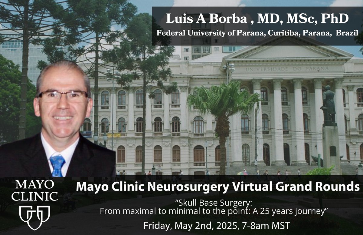 Join us this Friday at 7:00 AM MST, 6:00 AM PST to hear from Dr. Luis A. Borba, on “Skull Base Surgery: From maximal to minimal to the point: A 25 years journey.” This will be a session of learning and innovation you won’t want to miss, register now: 
mclive.zoom.us/webinar/regist…