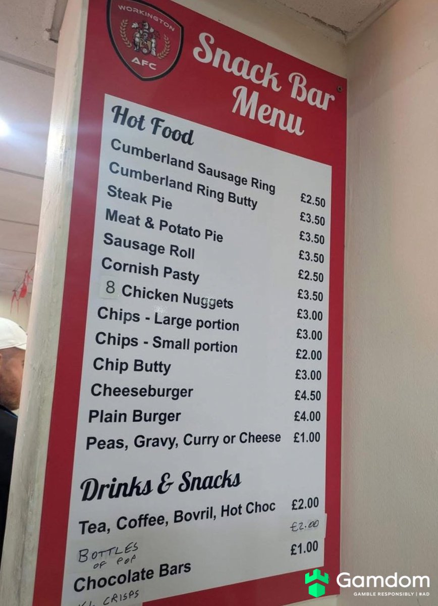 The snack bar menu at Workington AFC is a perfect example of what football fans should fairly be paying at football matches, across all levels!!