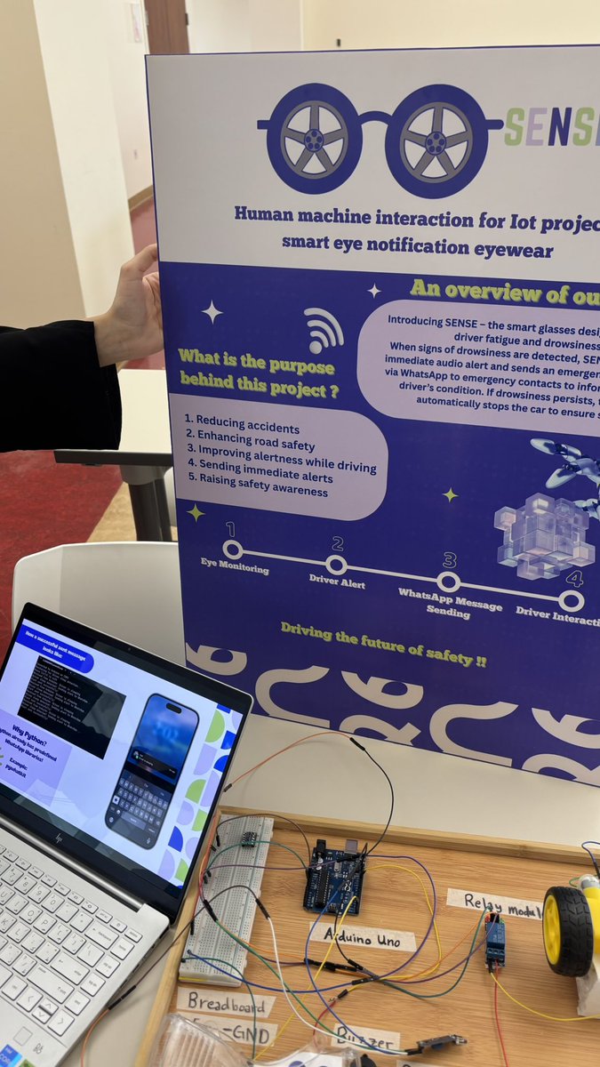 norfxl's tweet photo. The end of our project🎬⚡️
 SENSE ( smart eye notification eyewear) 
فكرة مشروعنا عندنا حساس IR يكتشف اذا السائق نام ( مغمض عيونه لمدة ٣ ثواني)،
بعدها يوقف الmotor ويشتغل buzzer ويرسل رسالة واتس اب تنبيهية ( driver sleeping) لشخص محدد مسبقًا🤩
So proud of the results💗 https://t.co/3xK3Q2ouLV
