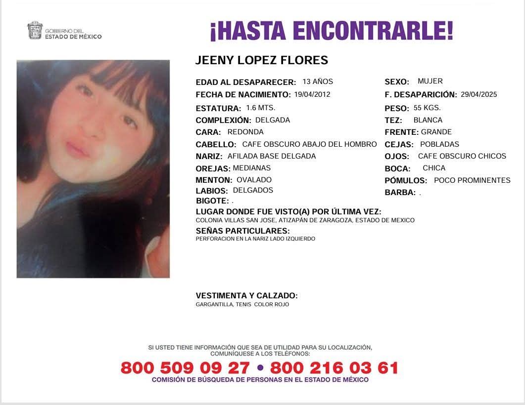 Solicitamos de tu apoyo en difusión para dar pronta localización a Jenny López Flores, comunícate a los teléfonos de COBUPEM 800 216 0361, 800 509 0927. #TodosEnLaBúsqueda