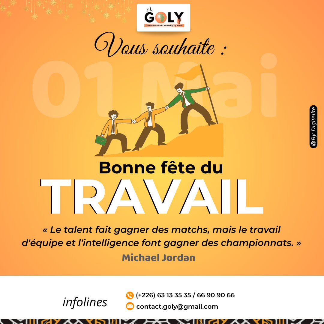 [Bonne fête du travail - 1er mai]

En cette journée dédiée au travail, GOLY  tient à saluer l’engagement, le professionnalisme et la résilience de tous les travailleurs.

Continuons à œuvrer ensemble pour un monde professionnel plus inclusif et inspirant.

#GOLY #FêteDuTravail