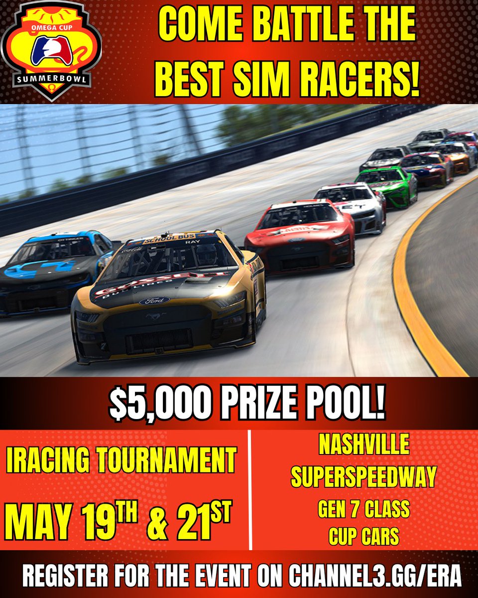 We’re calling out ALL SIM RACERS to one of the biggest payout opportunities of their sim racing career!! It’s 2 nights of ALL OUT sim racing on iRacing May 19th (heat races) &amp; 21st (Main event) using GEN 7 Cup Cars.

Sign up on channel3.gg/era