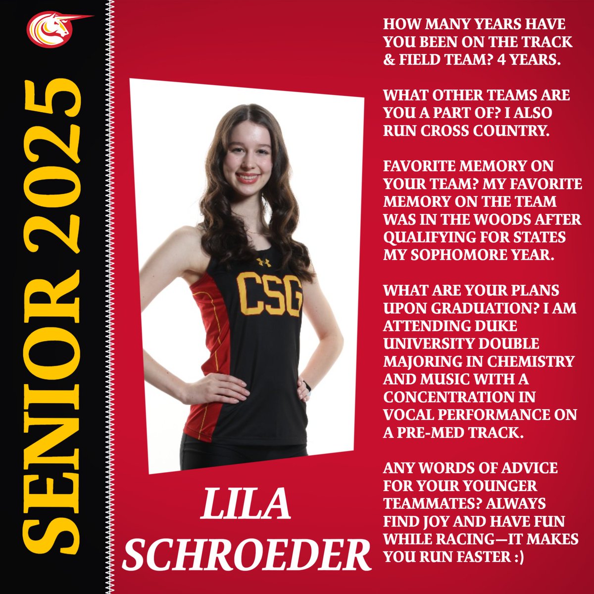 Tonight we celebrate our two Track and Field seniors! First up, we have senior Lila Schroeder! Congratulations, Lila!