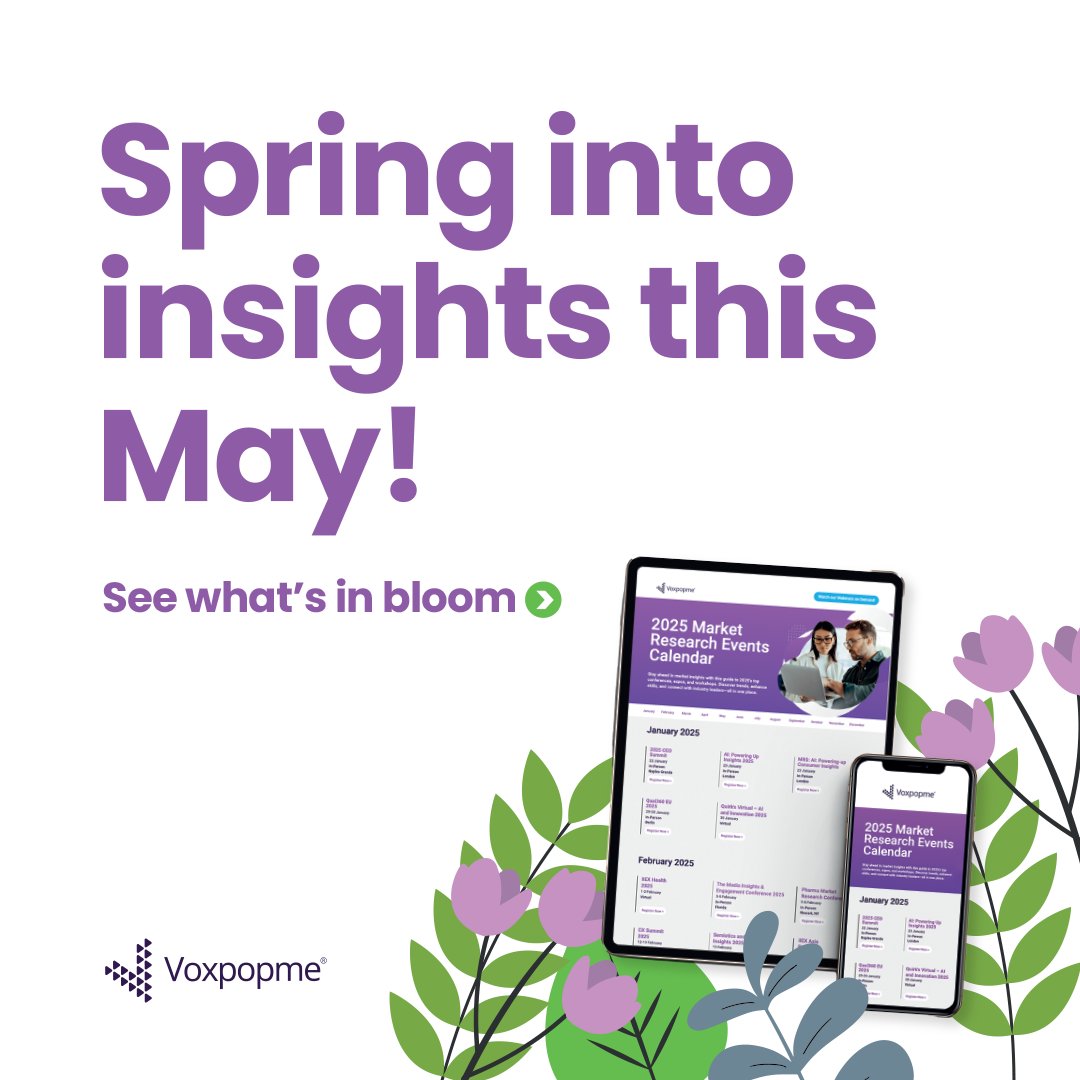 Spring is blooming, see what May has in store:

📍 May 8–9: MRMW NA (Atlanta)
📍 May 14–16: IIEX NA (Austin)
📍 May 20–23: Quirk’s NY
📍 May 30: ESOMAR AI Webinar

Fresh ideas, bold insights, and global connections.
Full list: go.voxpopme.com/market-researc…

#MRXEvents #InsightsInMotion