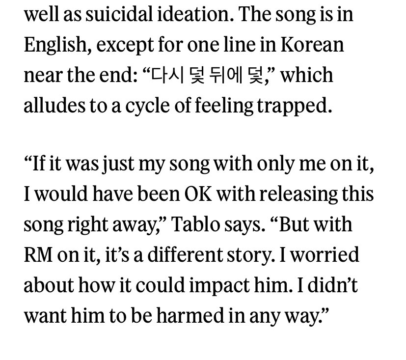 #StopTheRain addresses mental and physical abuse, as well as suicidal ideation. Tablo is releasing it a month before RM’s military discharge to shield RM from questions and potential attacks over the lyrics.

rollingstone.com/music/music-fe…

#STR #TABLOxRM 
STOP THE RAIN IS COMING