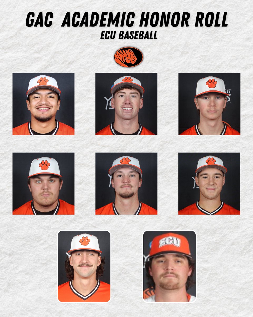 ECU Baseball led the GAC with 1⃣7⃣ student-athletes named to the Academic Honor Roll, while Tanner Collins and Kale Williams earned Elite Scholar Athlete honors for maintaining perfect 4.0 GPAs! 👏📚

#GoTigers x #TigerTerritory