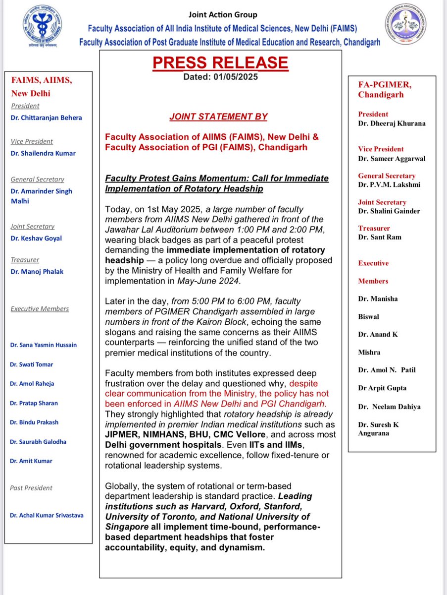 FAIMS_AIIMS's tweet photo. #FacultyProtest
1stMay2025
Faculty from @aiims_newdelhi & #PGIChandigarh held peaceful black badge protests today, demanding immediate implementation of #RotatoryHeadship —a reform already proposed by @MoHFW_INDIA for May-June 2024
#NoMoreDelay #FairLeadership @JPNadda ji Kar do. https://t.co/UNtg8T1Vge