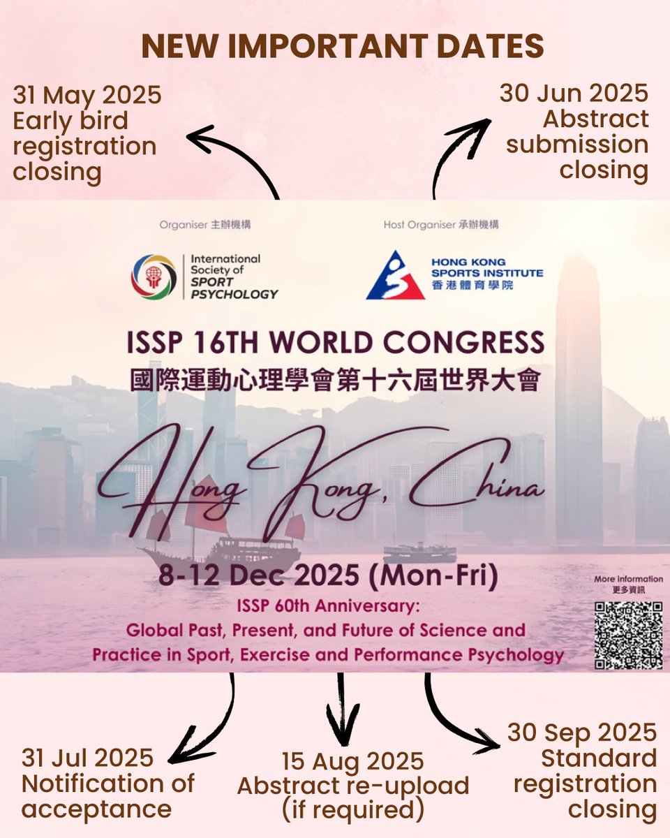 Convite à comunidade da Psicologia do Esporte: participe do 16º Congresso Mundial da ISSP em Hong Kong! Submissões de resumos abertas até 30/06. Aproveite essa chance de aprendizado, networking e colaboração internacional!
Info: hksi.org.hk/courses-events…
#ISSP2025 #SportPsychology