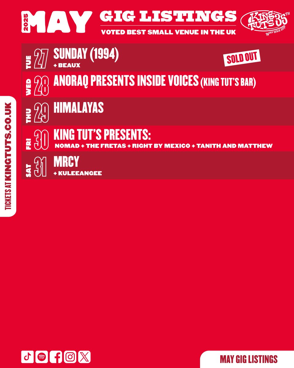 MAY LISTINGS ⇾

Another stacked month of gigs at Tut's - Let us know who you're most excited to see? 🥁

MORE INFO + TICKETS  ⇾ ktwwh.co/maygigs