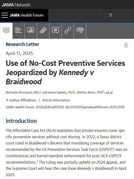 JAMA Health Forum (@jamahealthforum) on Twitter photo Most viewed in the last 7 days from <a href="/JAMAHealthForum/">JAMA Health Forum</a>:
Nearly 30% of privately insured individuals, including almost half of women, received at least one no-cost preventive service mandated by the ACA and potentially jeopardized by the Braidwood case.
ja.ma/4jVa4a5 Most viewed in the last 7 days from <a href="/JAMAHealthForum/">JAMA Health Forum</a>:
Nearly 30% of privately insured individuals, including almost half of women, received at least one no-cost preventive service mandated by the ACA and potentially jeopardized by the Braidwood case.
ja.ma/4jVa4a5