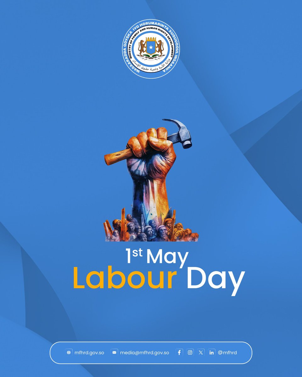 Work without rights is injustice. 

As we mark #LabourDay, the Ministry of Family and Human Rights stands with all Somali workers; especially women, and persons with disabilities fighting for safe, fair, and dignified employment.