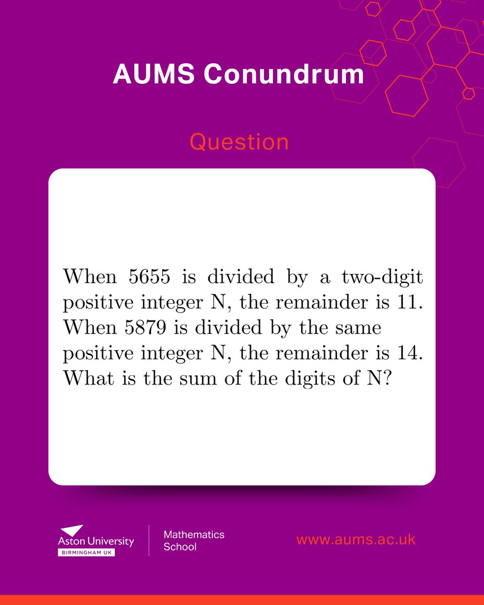 AUMS Weekly Conundrum!

Weekly maths challenges for Year 10 &amp; 11 students —without a calculator! 🔢💡

Drop your answers in the comments and explain your thinking! Who will solve it first? 🏆

🗓  Solution revealed on Friday

#MathsChallenge #BrainTeaser #UMaths #mathsschool