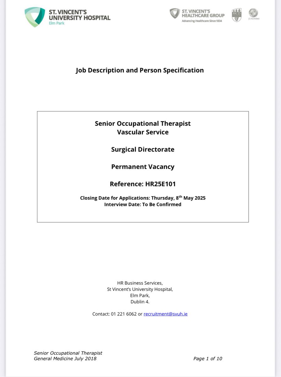 SVUH Occupational Therapy Dept (@ot_svuh) on Twitter photo We are excited to advertise a new senior post for our vascular service. This is an opportunity for an experienced and proactive OT to take a leadership role in the provision and development of our OT vascular service <a href="/AOTInews/">Association of Occupational Therapists of Ireland</a> <a href="/svuh/">St Vincent's University Hospital (SVUH)</a>
Further details svhg.recruitment.zellis.com/wrl/pages/vaca… We are excited to advertise a new senior post for our vascular service. This is an opportunity for an experienced and proactive OT to take a leadership role in the provision and development of our OT vascular service <a href="/AOTInews/">Association of Occupational Therapists of Ireland</a> <a href="/svuh/">St Vincent's University Hospital (SVUH)</a>
Further details svhg.recruitment.zellis.com/wrl/pages/vaca…