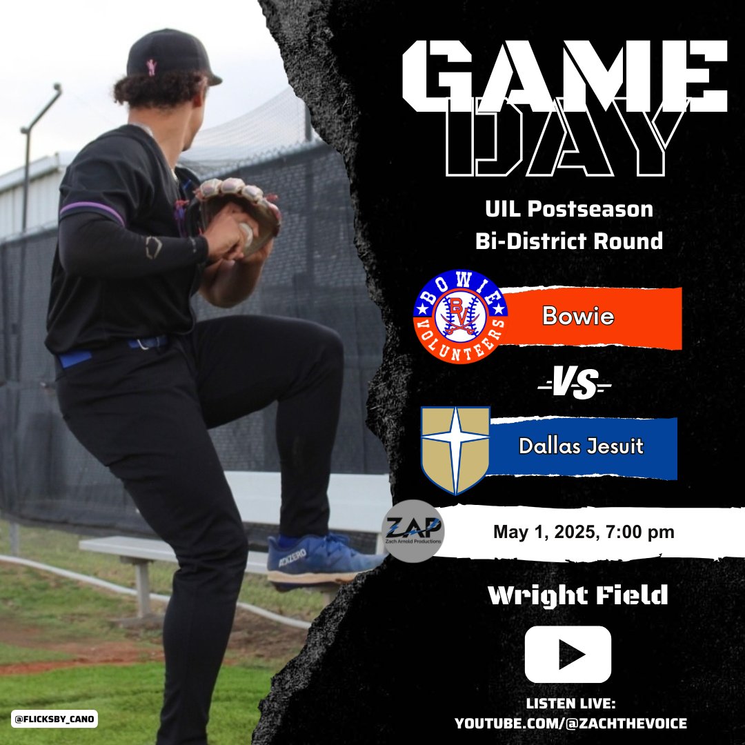 ๐๐๐๐ ๐ผ๐ง๐ฃ๐ค๐ก๐ (@zachthevoice) on Twitter photo For the first time in 12 years... it's PLAYOFF Game Dayโผ๏ธ
Bowie opens on the road against the Rangers live on ZAP.
๐๏ธ <a href="/JesuitAthletics/">Jesuit Athletics</a>
๐ Wright Field
๐ 12345 Inwood Rd, Dallas, TX 75244
โฐ๏ธ 7pm
โถ๏ธ youtube.com/@zachthevoice
๐Zach Arnold & Jot Holly
๐๐ฒ
linktr.ee/ZachTheVoice For the first time in 12 years... it's PLAYOFF Game Dayโผ๏ธ
Bowie opens on the road against the Rangers live on ZAP.
๐๏ธ <a href="/JesuitAthletics/">Jesuit Athletics</a>
๐ Wright Field
๐ 12345 Inwood Rd, Dallas, TX 75244
โฐ๏ธ 7pm
โถ๏ธ youtube.com/@zachthevoice
๐Zach Arnold & Jot Holly
๐๐ฒ
linktr.ee/ZachTheVoice