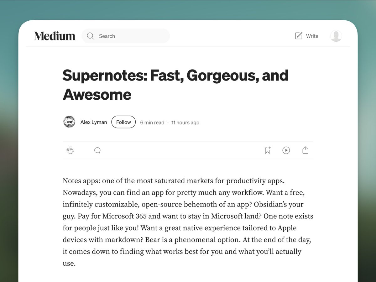 One of our Unlimited members, Alex, wrote a wonderful review on their journey of note-taking and discovering Supernotes. If you've tried a bunch of different notes apps over the years, give this a read ❤️

sidematter.medium.com/supernotes-fas…