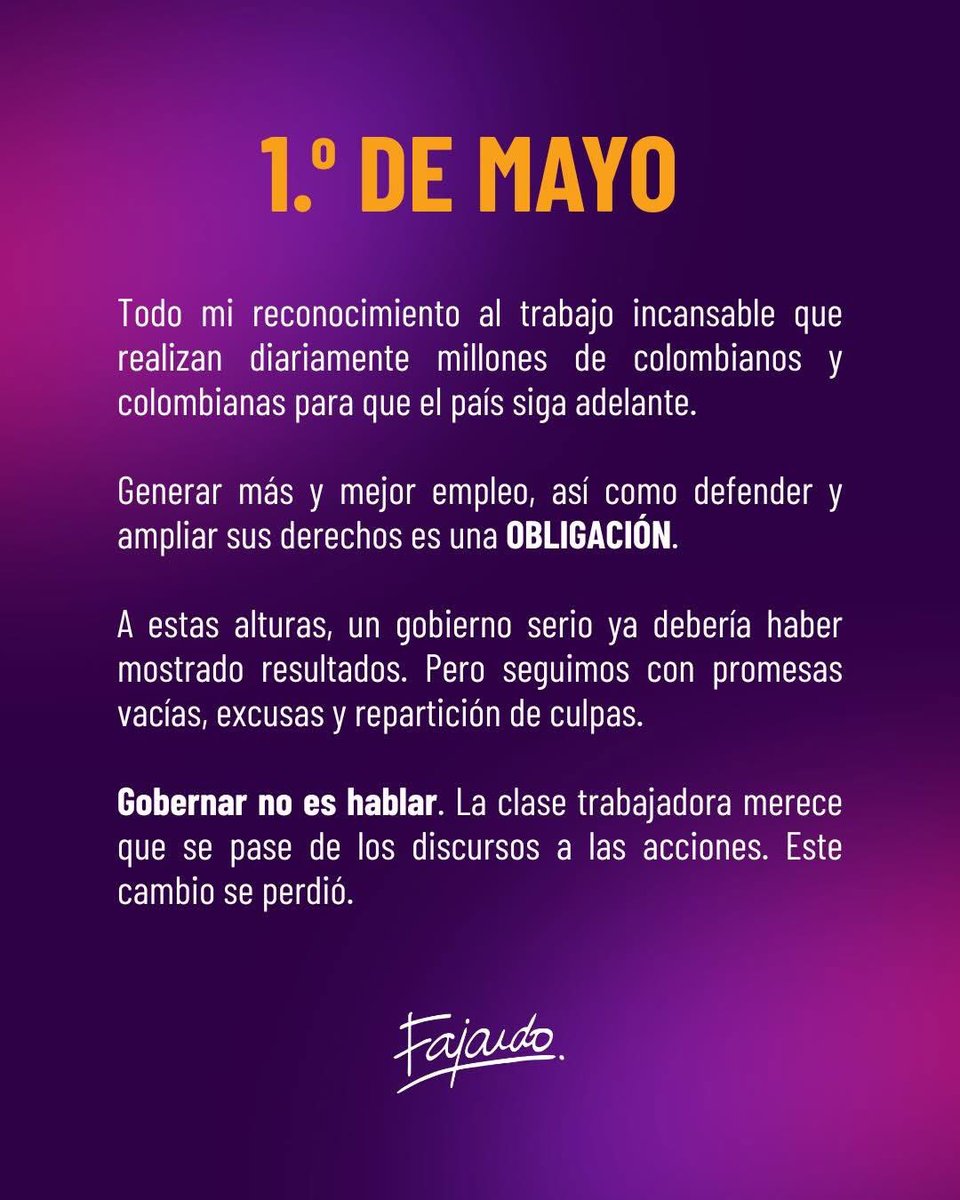 Alentador saludo de <a href="/sergio_fajardo/">Sergio Fajardo</a> en el Día Internacional del Trabajo.
Los trabajadores y el sindicalismo celebramos con autonomía e independencia de patronos, gobiernos y poderes extranjeros.