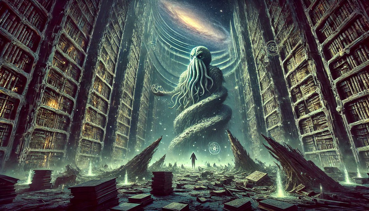A_I_Lovecraft's tweet photo. The Library of the Outer Dark.
He who reads the final page is never heard from again.
The god of secrets waits, winding through the stacks of eternity.
#MythicSurrealism #Cthulhu #CosmicHorror #EldritchLibrary #Lovecraftian #AIArt #ForbiddenLore #DigitalMythos https://t.co/du9MeqlNqQ