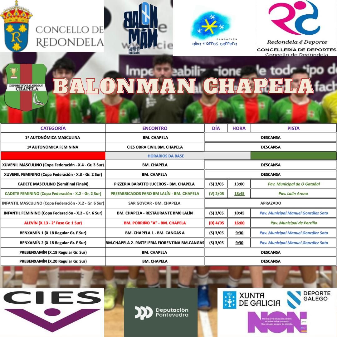 CB_ChapelaWeb's tweet image. Estes son os horarios dos nosos equipos pra esta fin de semana, con atención especial pra os cadetes masculinos, que xogarán en Cangas a Final 4.
#imoschapela #vermelloeverde