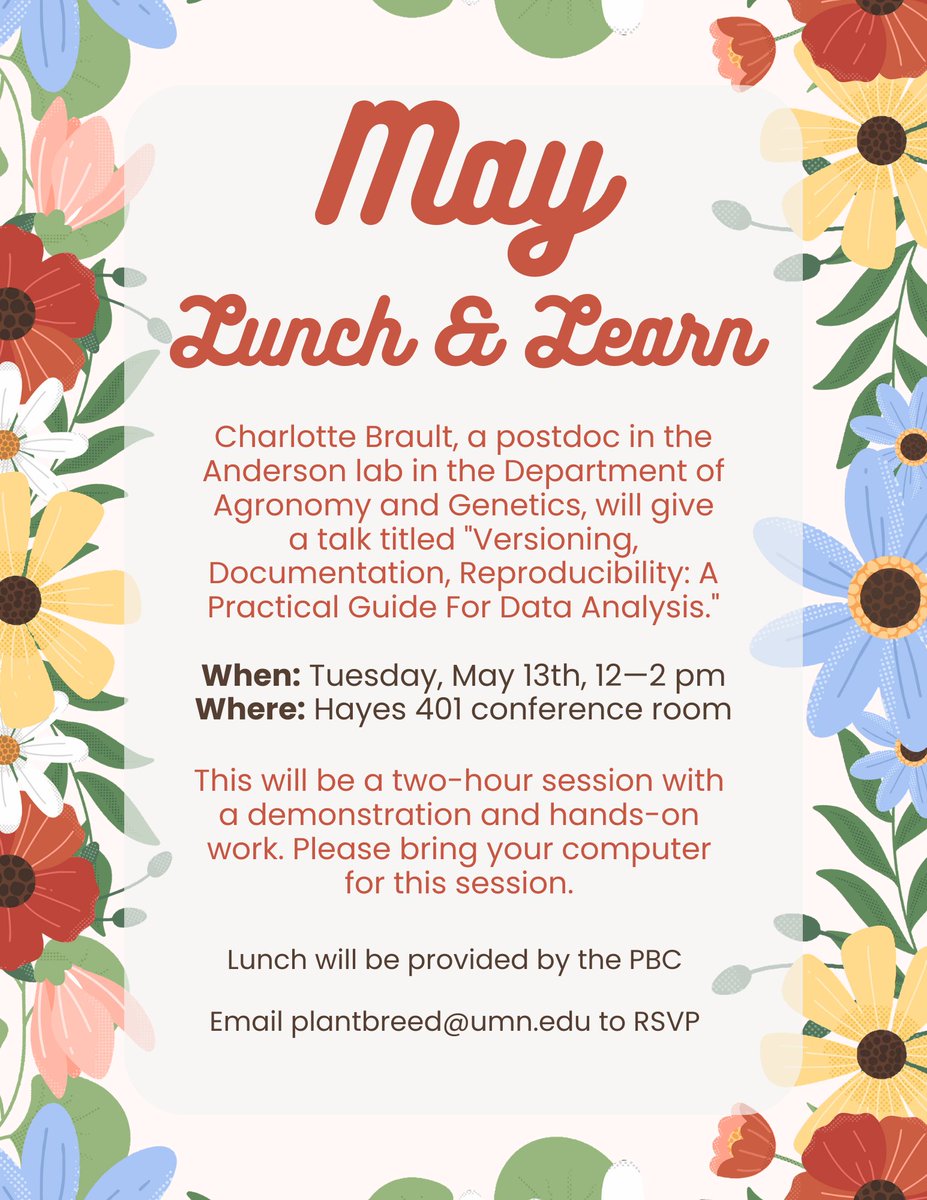 UMN Plant Breeding Center (@umnplantbreed) on Twitter photo The May Lunch and Learn will take place on Tuesday, May 13th from 12 - 2 PM CT in Hayes 401 conference room. This is an in-person only event. The deadline to RSVP is Wednesday, May 7th. Email plantbreed@umn.edu for the sign up form. š·š» The May Lunch and Learn will take place on Tuesday, May 13th from 12 - 2 PM CT in Hayes 401 conference room. This is an in-person only event. The deadline to RSVP is Wednesday, May 7th. Email plantbreed@umn.edu for the sign up form. š·š»